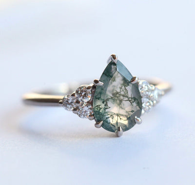 Pear Moss Agate Engagement Ring with Side Round White Diamonds