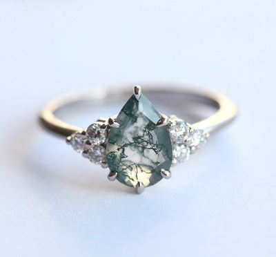 Pear Moss Agate Engagement Ring with Side Round White Diamonds