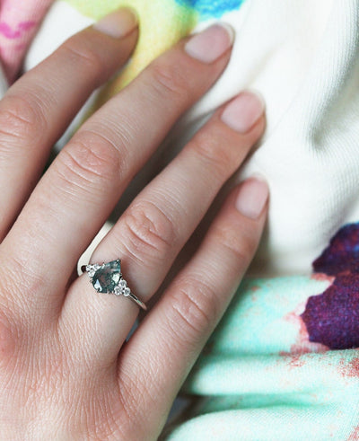 Pear Moss Agate Engagement Ring with Side Round White Diamonds