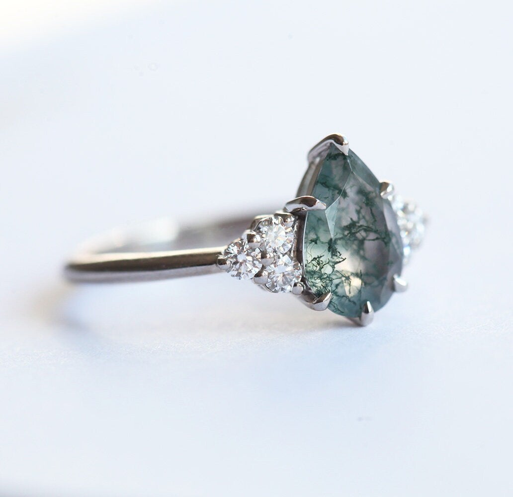 Pear Moss Agate Engagement Ring with Side Round White Diamonds
