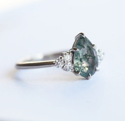 Pear Moss Agate Engagement Ring with Side Round White Diamonds