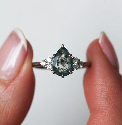 Pear Moss Agate Engagement Ring with Side Round White Diamonds