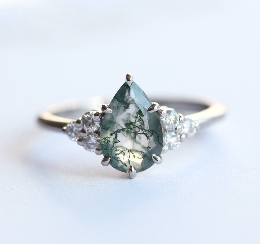 Pear Moss Agate Engagement Ring with Side Round White Diamonds