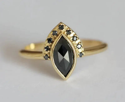 Marquise-Cut Black Diamond Halo Ring with Side Black Diamonds