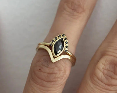 Marquise-Cut Black Diamond Halo Ring with Side Black Diamonds