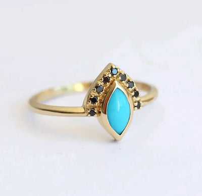 Marquise Cut Turquoise Halo Engagement Ring with Side Black Diamonds