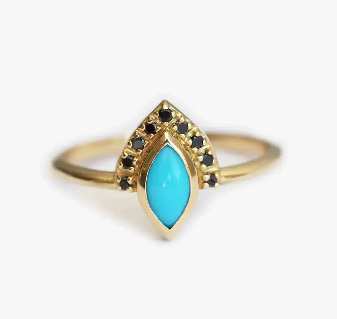 Marquise Cut Turquoise Halo Engagement Ring with Side Black Diamonds