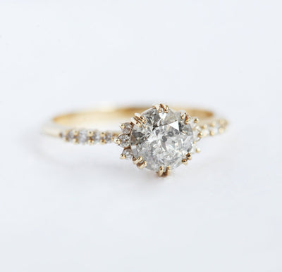 One Carat Round Salt & Pepper Diamond Cluster Ring with Prong Setting and side White Diamonds on the band