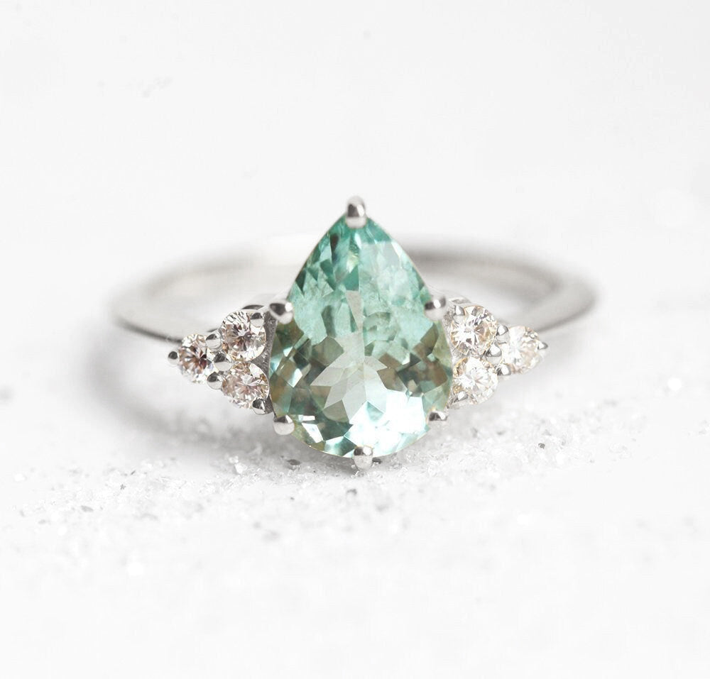 Mint Tourmaline Cluster Engagement Ring with Side Round White Diamonds
