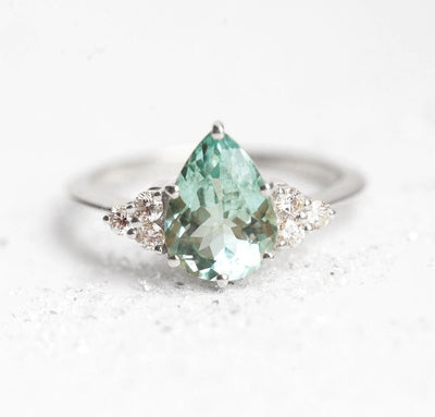 Mint Tourmaline Cluster Engagement Ring with Side Round White Diamonds