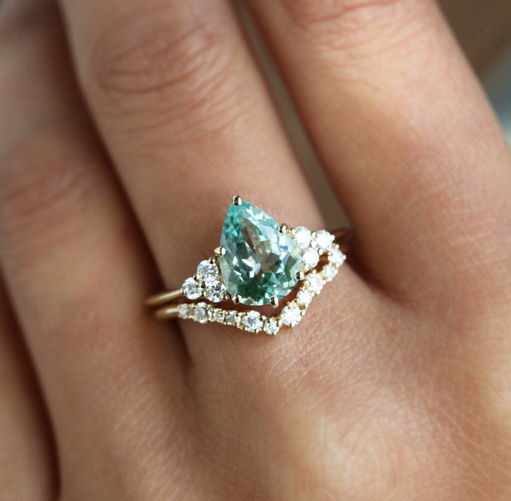 Mint Tourmaline Cluster Engagement Ring with Side Round White Diamonds and V-Shaped Diamond Band