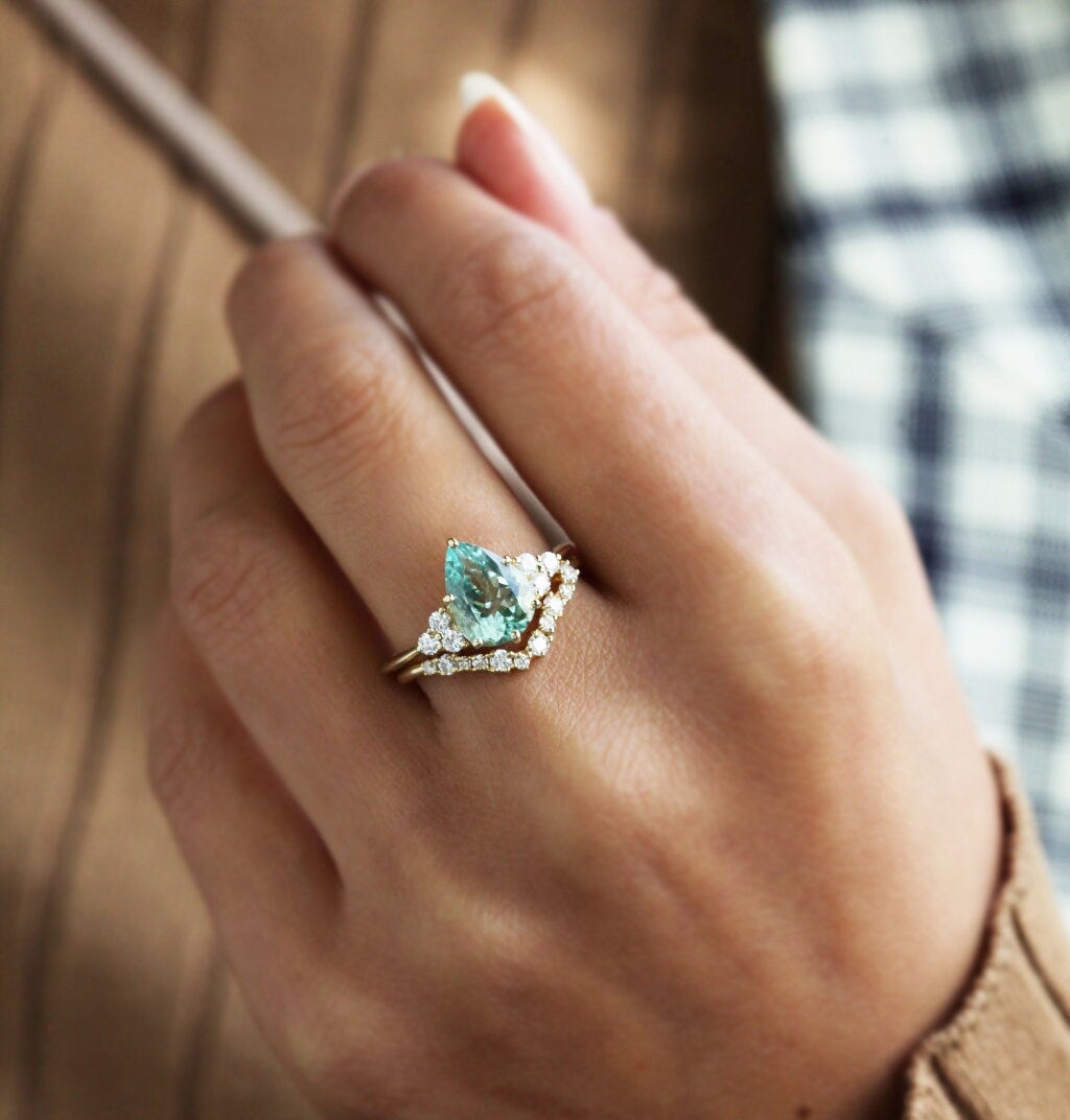 Light Teal Tourmaline Diamond Baguette Ring Tourmaline Diamond Engagement Ring 2024 Minimalist Tourmaline Wedding Ring for Women