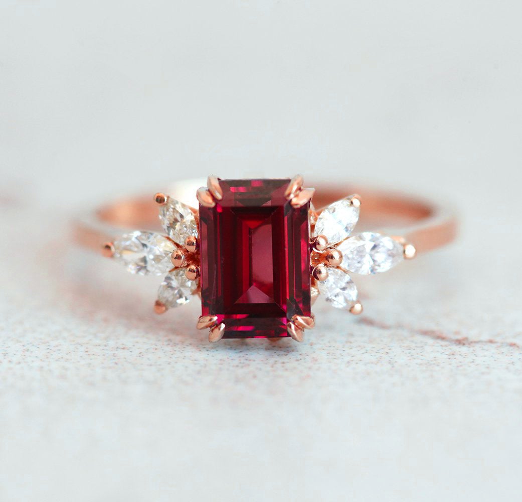 Emerald Cut Garnet Ring with Accent Marquise Cut Diamonds