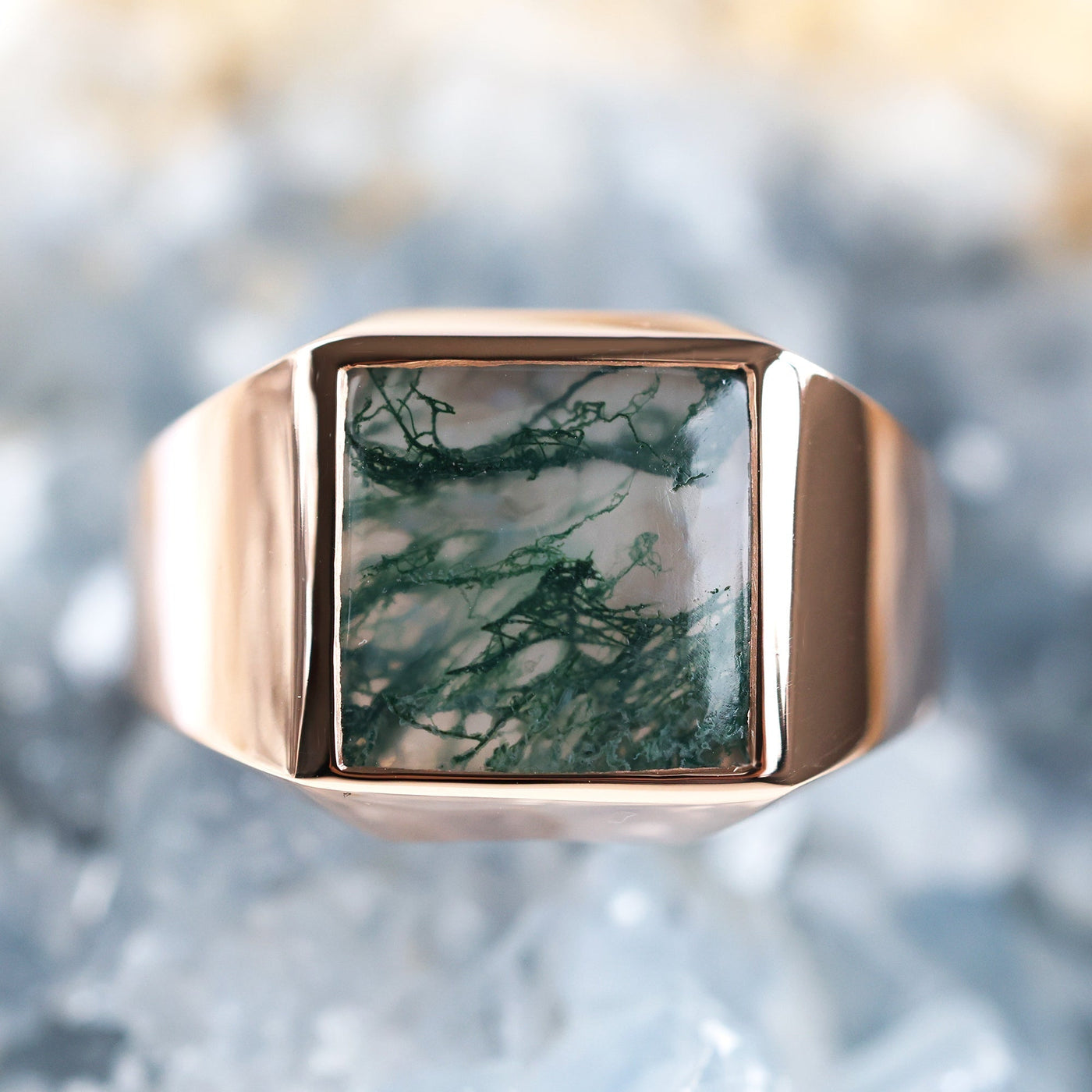 Men's gold and platinum Moss Agate Signet Ring with a green stone. Band width approx. 14mm. Customizable gemstones. Free insured shipping.