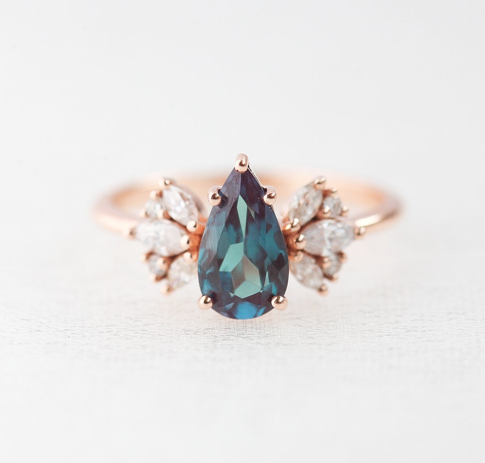 Teal Pear Lab Alexandrite Ring with Side Marquise-Cut White Diamonds