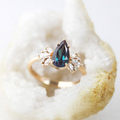 Teal Pear Lab Alexandrite Ring with Side Marquise-Cut White Diamonds