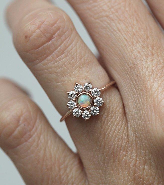 White Round Opal Flower Halo Ring With Round White Diamonds