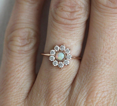 White Round Opal Flower Halo Ring With Round White Diamonds
