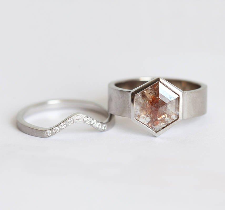 Hexagon Salt & Pepper Diamond Ring Set with side White Diamonds