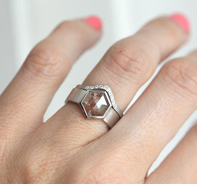 Hexagon Salt & Pepper Diamond Ring Set with side White Diamonds