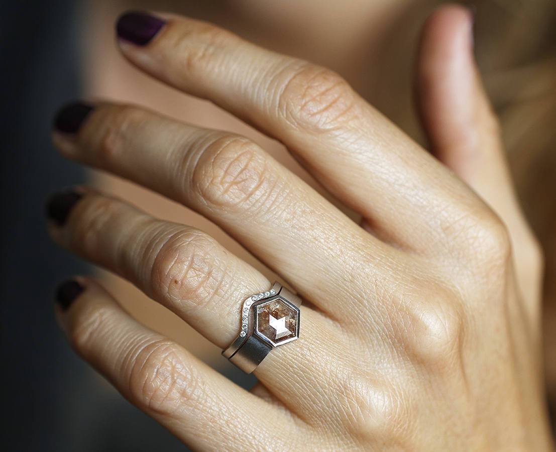 Hexagon Salt & Pepper Diamond Ring Set with side White Diamonds