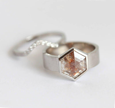 Hexagon Salt & Pepper Diamond Ring Set with side White Diamonds