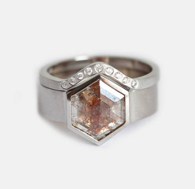 Hexagon Salt & Pepper Diamond Ring Set with side White Diamonds