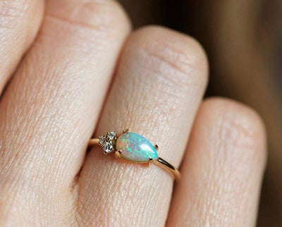 White Pear Opal Cluster Ring with 3 Side White Round Diamonds