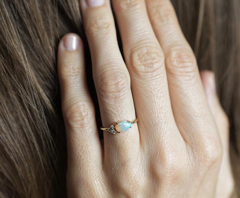 White Pear Opal Cluster Ring with 3 Side White Round Diamonds