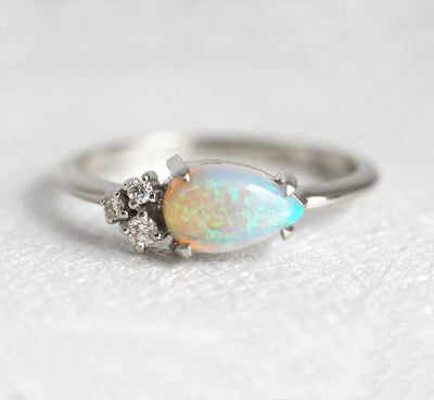 White Pear Opal Cluster Ring with 3 Side White Round Diamonds