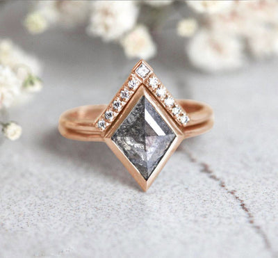 Grey Kite Salt & Pepper Diamond, Rose Gold Ring with Side Round and Princess-Cut White Diamonds