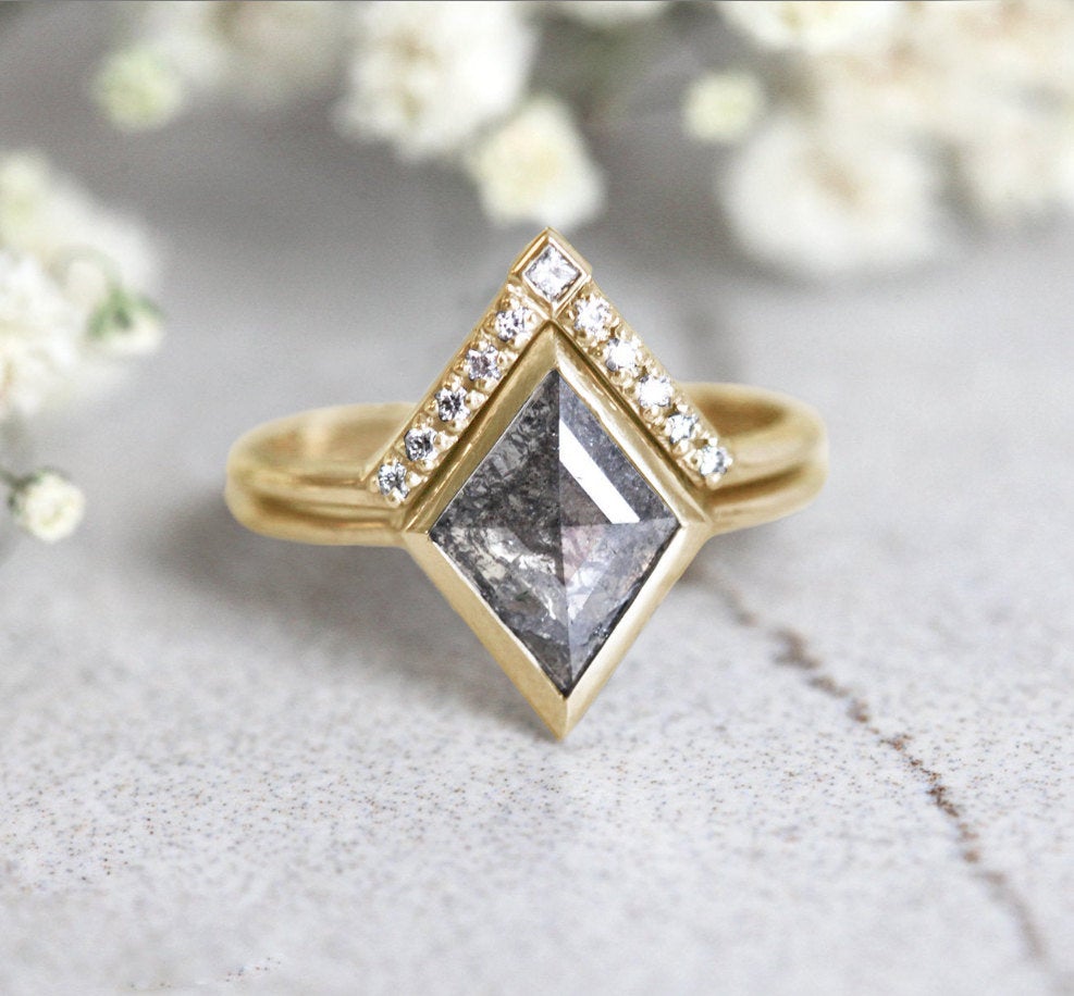 Grey Kite Salt & Pepper Diamond, Yellow Gold Ring with Side Round and Princess-Cut White Diamonds