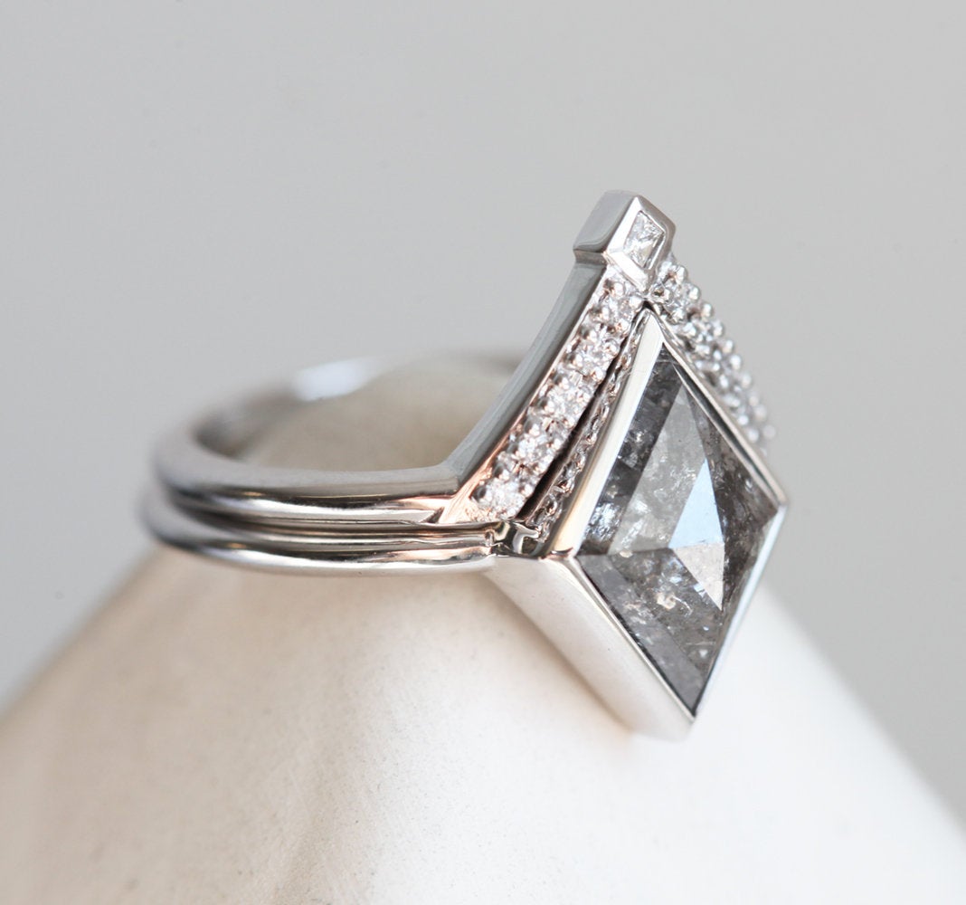 Grey Kite Salt & Pepper Diamond Ring with Side Round and Princess-Cut White Diamonds