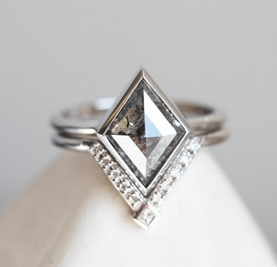 Grey Kite Salt & Pepper Diamond Ring with Side Round and Princess-Cut White Diamonds