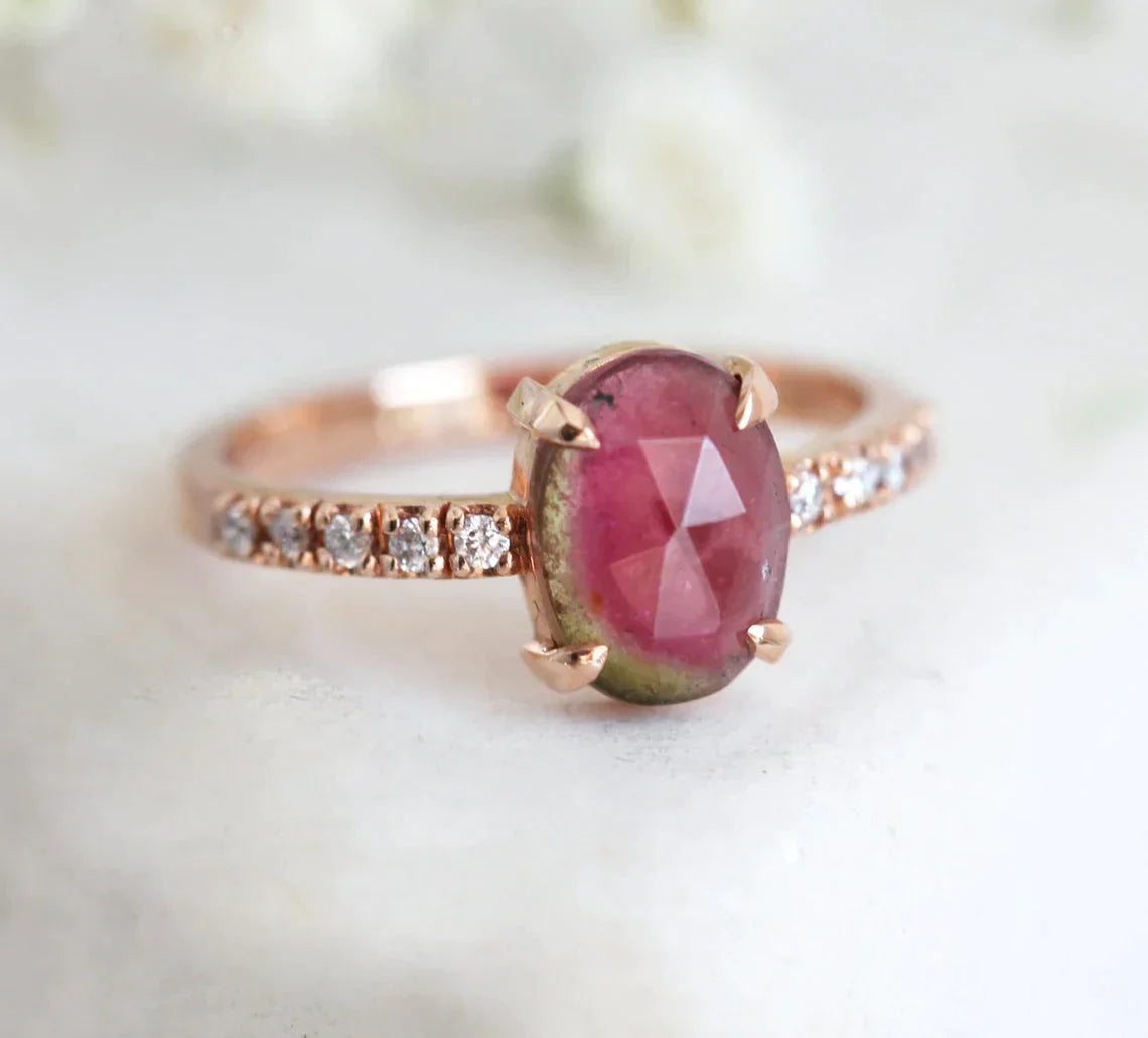 Oval Watermelon Tourmaline Ring with Round White Diamond Nested in the Band