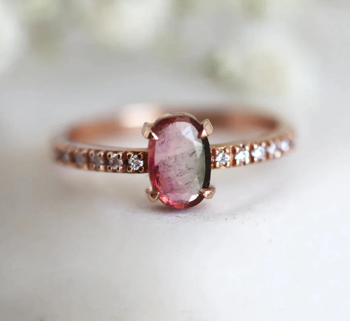 Oval Watermelon Tourmaline Ring with Round White Diamond Nested in the Band