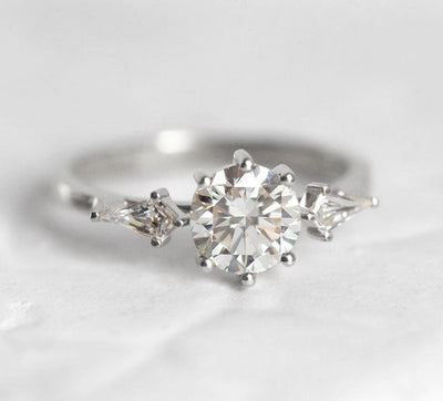 3-Stone, One Carat Round White Diamond with 2 Accent Kite White Diamonds Ring