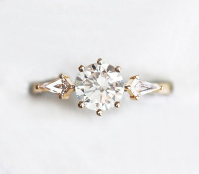 3-Stone, One Carat Round White Diamond with 2 Accent Kite White Diamonds Ring