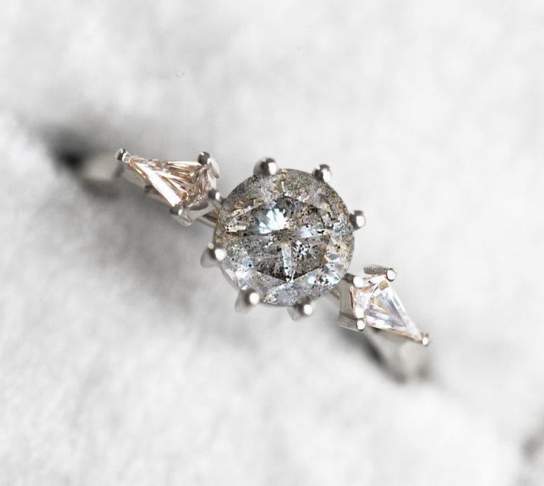 Round Salt & Pepper Diamond, Platinum Ring with 2 Side Kite White Diamonds