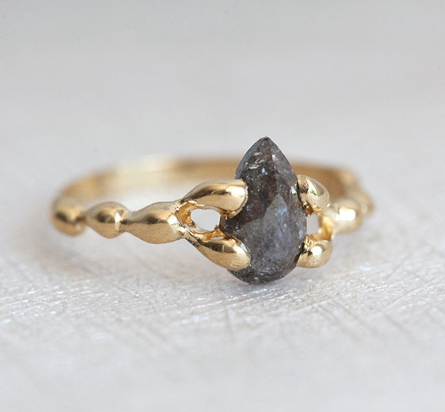 Gray Pear Salt & Pepper Diamond Ring with Alternative Yellow Gold Band