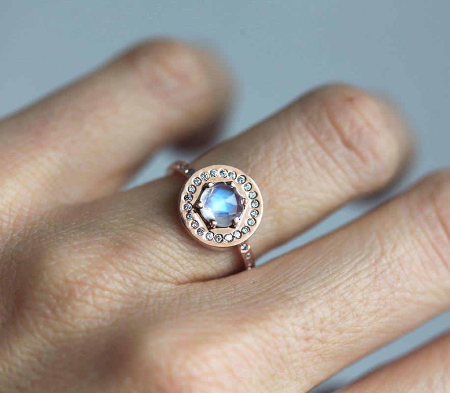Round Halo Moonstone Ring with White Diamonds