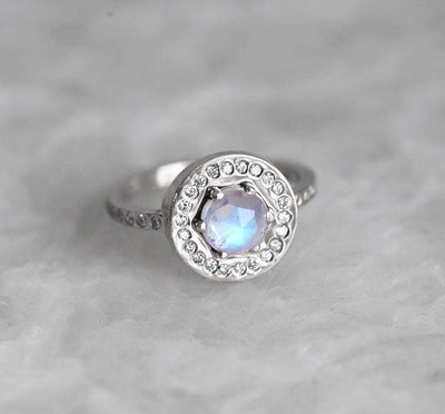 Round Halo Moonstone Ring with White Diamonds