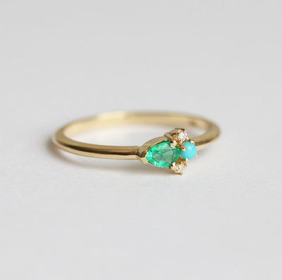 Pear Emerald Cluster Ring with Turquoise and Diamonds