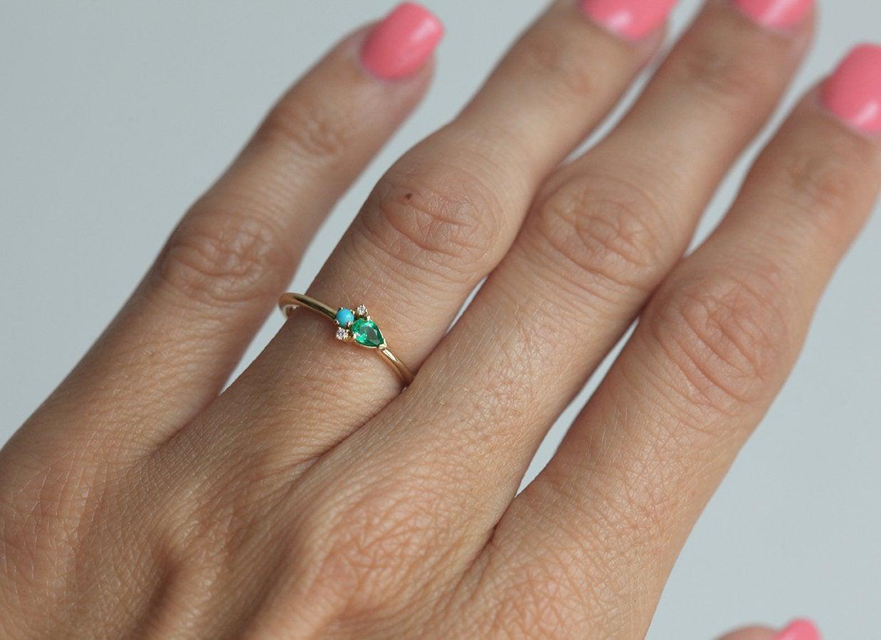 Pear Emerald Cluster Ring with Turquoise and Diamonds