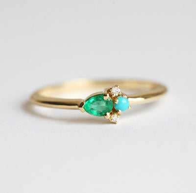 Pear Emerald Cluster Ring with Turquoise and Diamonds