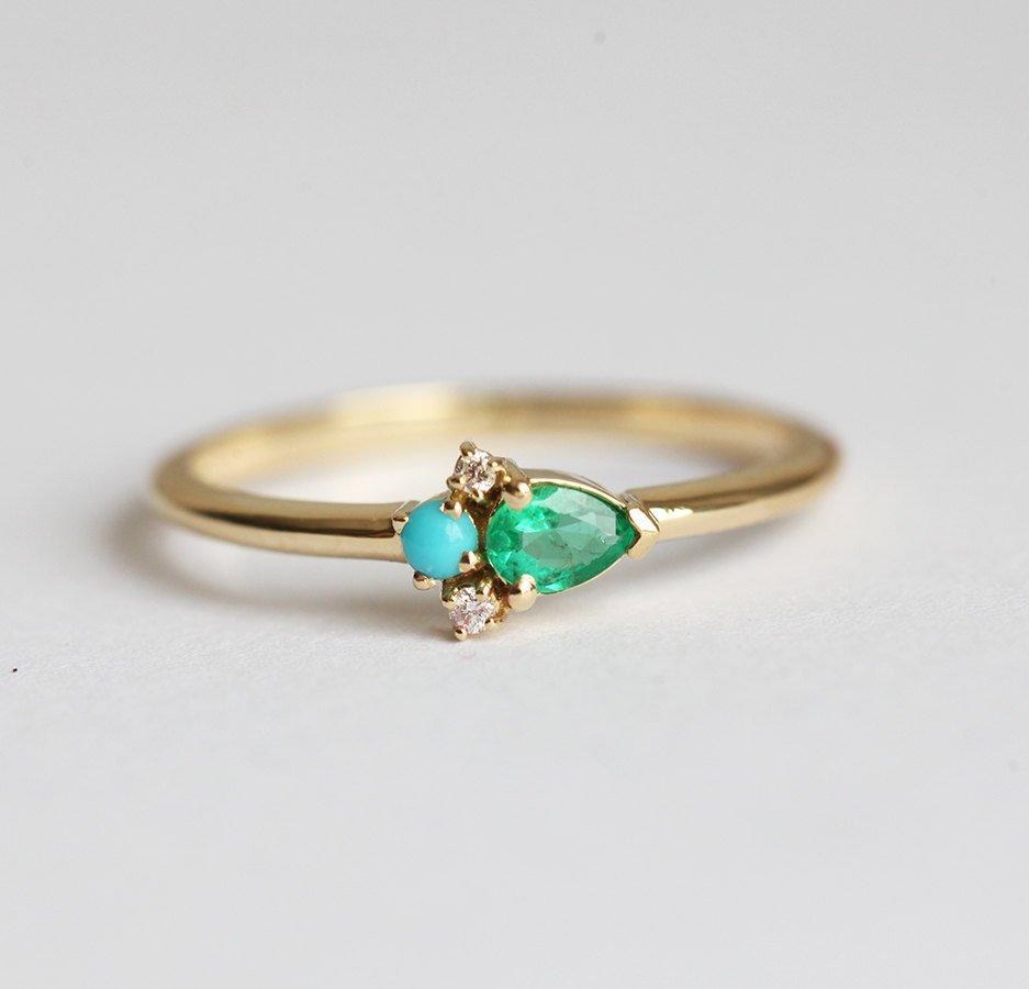 Pear Emerald Cluster Ring with Turquoise and Diamonds