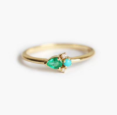Pear Emerald Cluster Ring with Turquoise and Diamonds