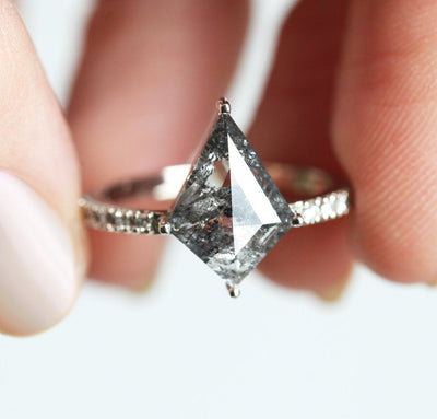 Kite Salt & Pepper Diamond Ring with Side Round White Diamonds on the Band