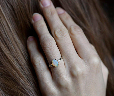 Three-Stone Oval Opal Ring with 2 Side Round White Diamonds