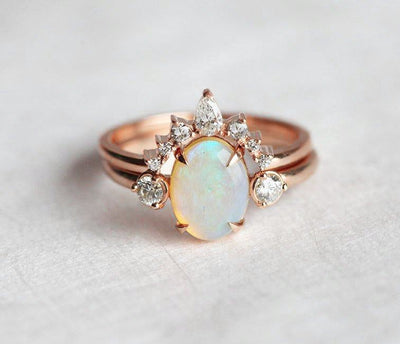 Three-Stone Oval Opal Ring with 2 Side Round White Diamonds and Crown Ring